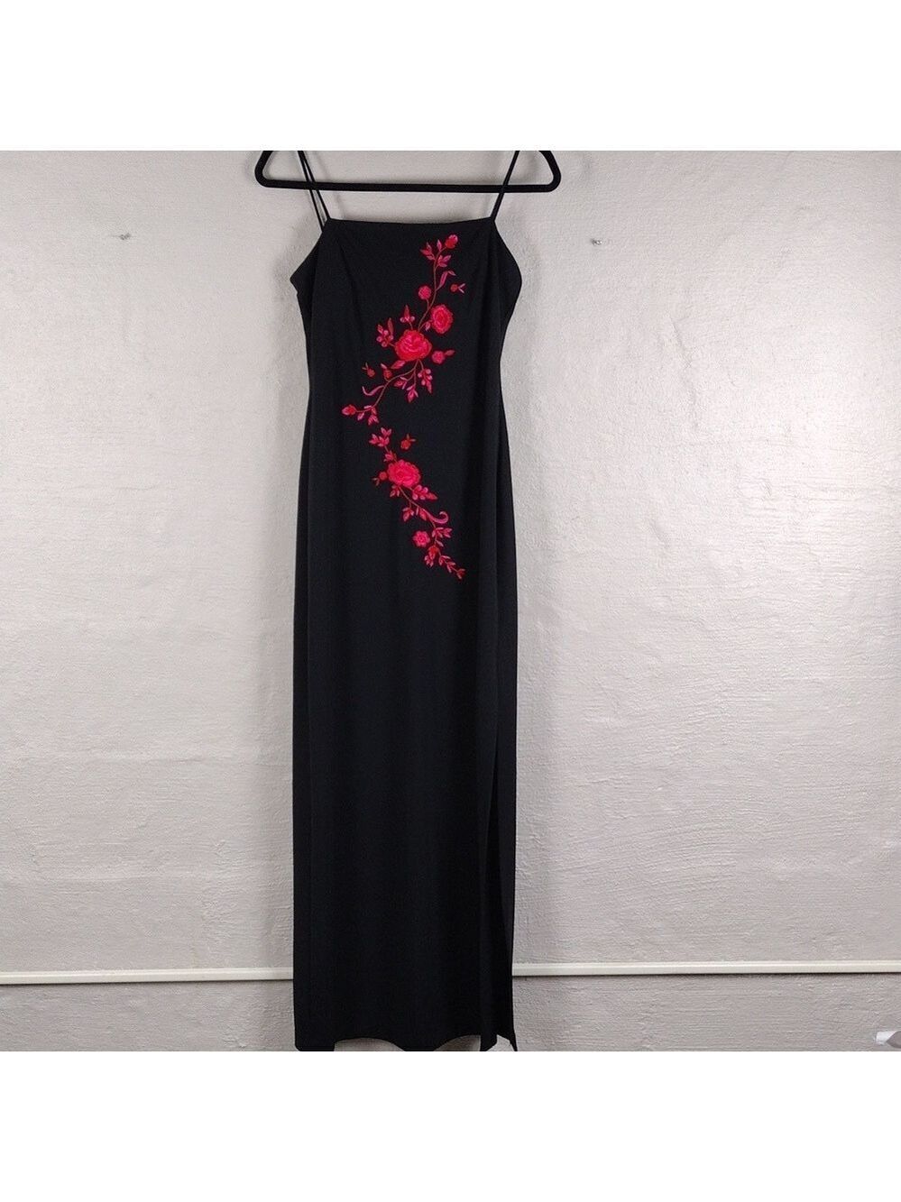 Arianna by Rachel Kaye Black Pink Embroidered Spaghetti Strap Floor Length Gown - Picture 8 of 16